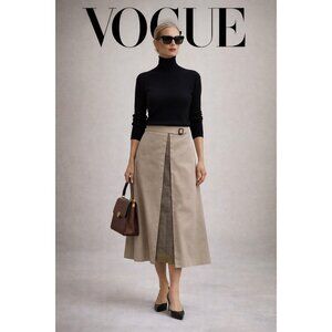 EFTYCHIA Ventile Beige Midi Skirt Straight Plaid Insert Belted UK 10